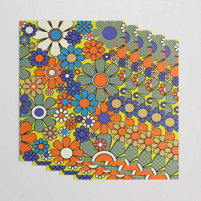 Groovy Retro Garden Gingham Flowers 60s 70s Maximalist Floral Pattern Blue Orange Yellow Wrapping Paper Gallery Image 3