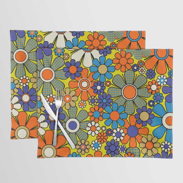 Groovy Retro Garden Gingham Flowers 60s 70s Maximalist Floral Pattern Blue Orange Yellow Placemat Gallery Image 1