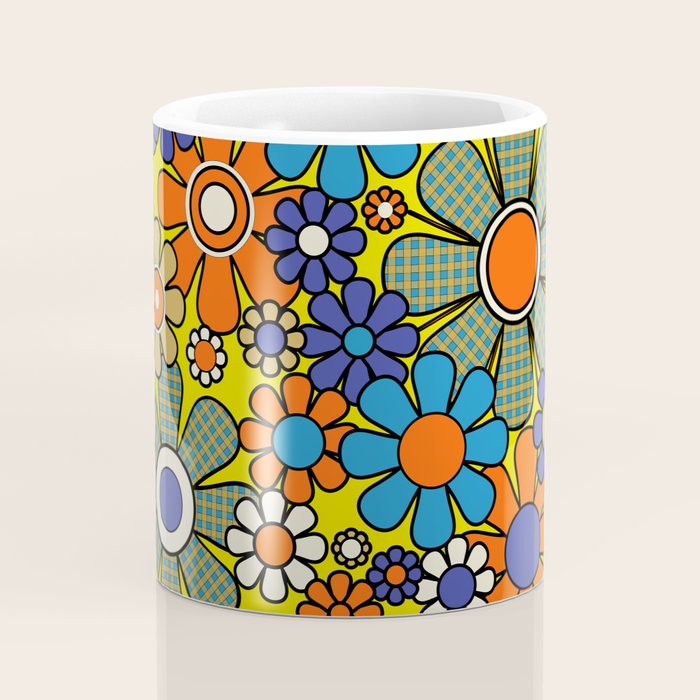 Groovy Retro Garden Gingham Flowers 60s 70s Maximalist Floral Pattern Blue Orange Yellow Coffee Mug Gallery Image 4