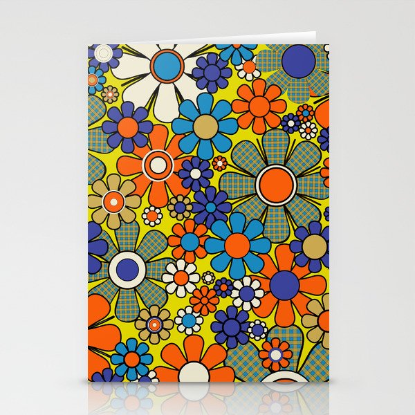 Groovy Retro Garden Gingham Flowers 60s 70s Maximalist Floral Pattern Blue Orange Yellow Stationery Card Gallery Image 2