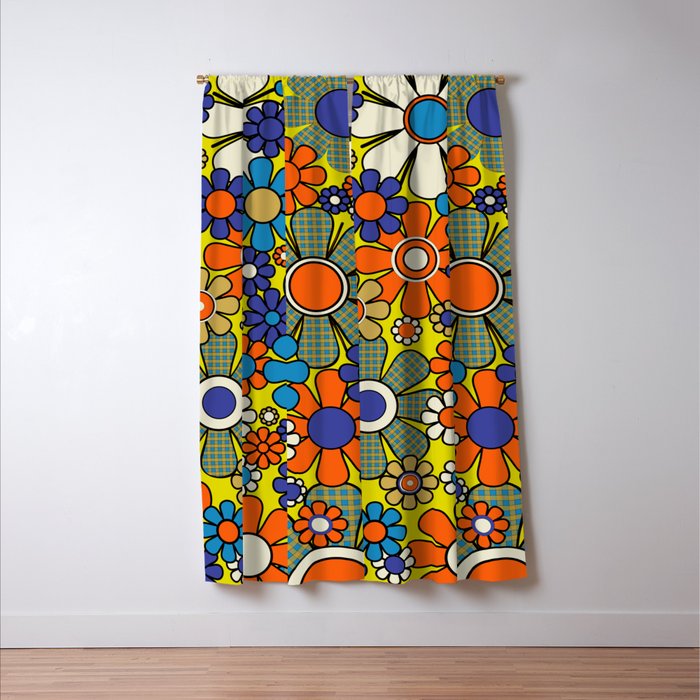 Groovy Retro Garden Gingham Flowers 60s 70s Maximalist Floral Pattern Blue Orange Yellow Window Curtain Gallery Image 3