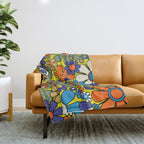 Groovy Retro Garden Gingham Flowers 60s 70s Maximalist Floral Pattern Blue Orange Yellow Throw Blanket Gallery Image 1