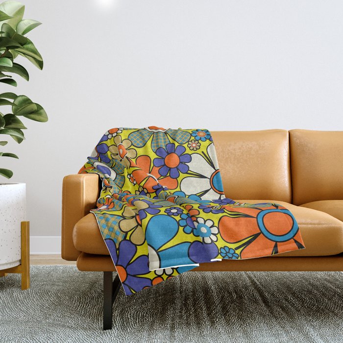 Groovy Retro Garden Gingham Flowers 60s 70s Maximalist Floral Pattern Blue Orange Yellow Throw Blanket Gallery Image 1