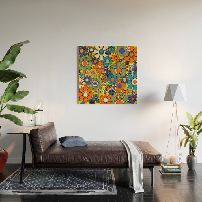 Groovy Retro Garden Gingham Flowers 60s 70s Maximalist Floral Pattern Blue Orange Yellow Wood Wall Art Gallery Image 2