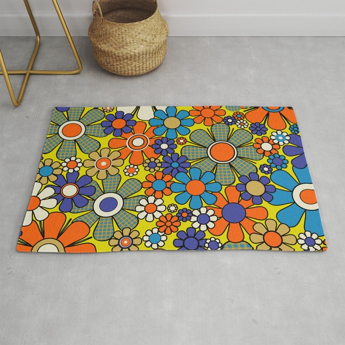 Groovy Retro Garden Gingham Flowers 60s 70s Maximalist Floral Pattern Blue Orange Yellow Rug Gallery Image 1