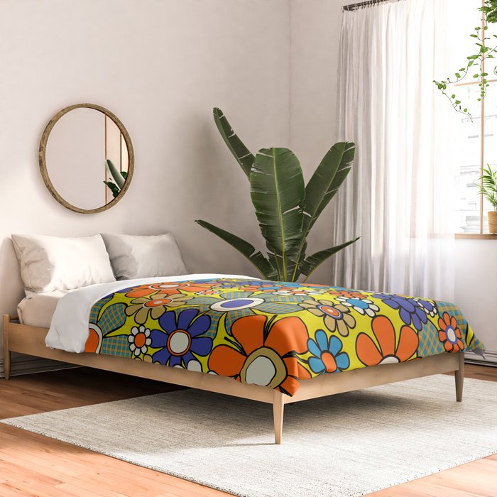 Groovy Retro Garden Gingham Flowers 60s 70s Maximalist Floral Pattern Blue Orange Yellow Comforter Gallery Image 2