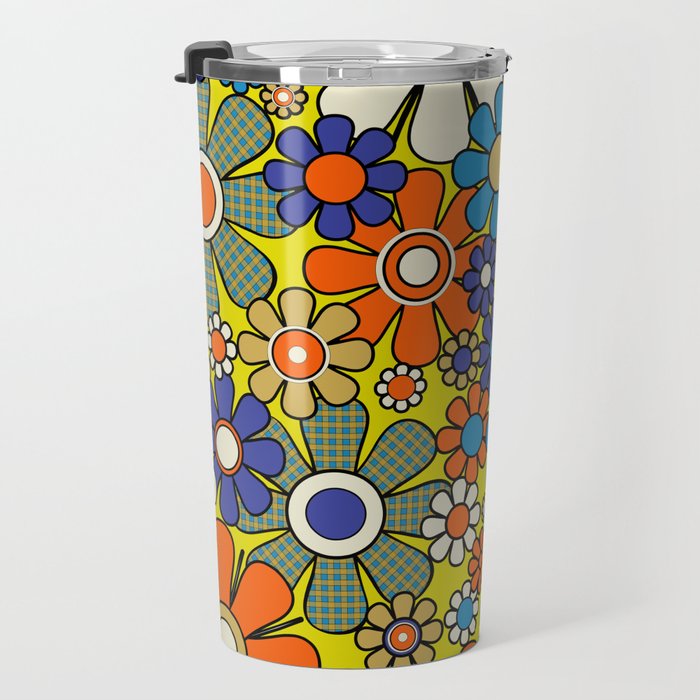 Groovy Retro Garden Gingham Flowers 60s 70s Maximalist Floral Pattern Blue Orange Yellow Travel Mug Gallery Image 3
