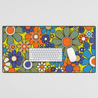 Groovy Retro Garden Gingham Flowers 60s 70s Maximalist Floral Pattern Blue Orange Yellow Desk Mat Gallery Image 1