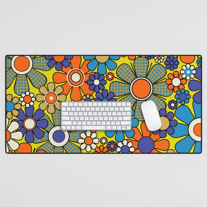 Groovy Retro Garden Gingham Flowers 60s 70s Maximalist Floral Pattern Blue Orange Yellow Desk Mat Gallery Image 1