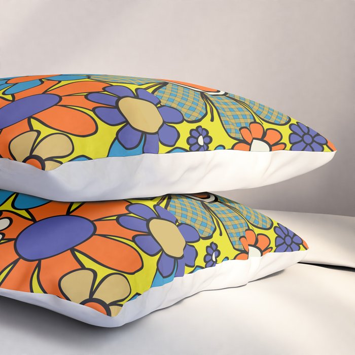 Groovy Retro Garden Gingham Flowers 60s 70s Maximalist Floral Pattern Blue Orange Yellow Pillow Sham Gallery Image 3