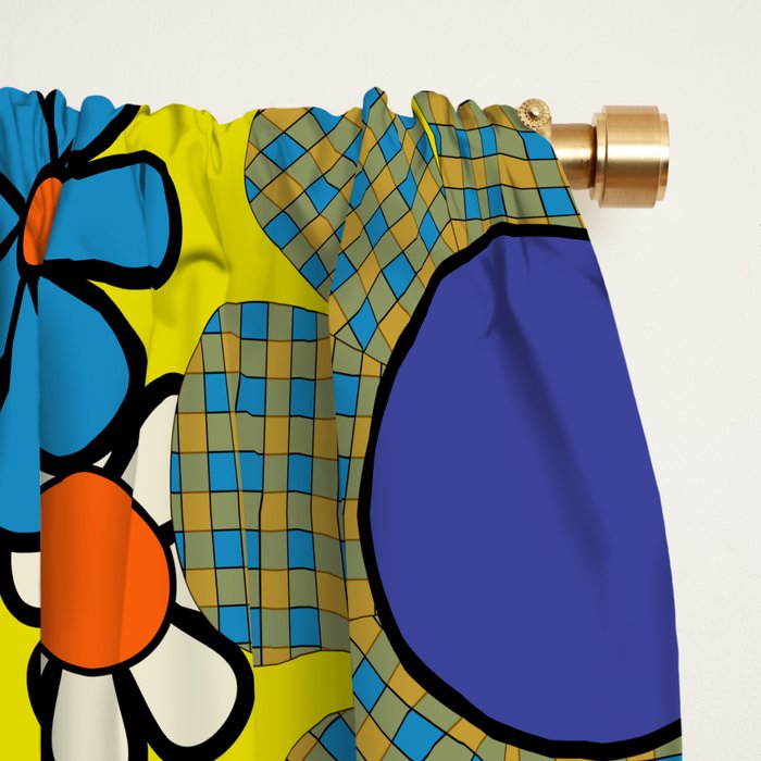 Groovy Retro Garden Gingham Flowers 60s 70s Maximalist Floral Pattern Blue Orange Yellow Window Curtain Gallery Image 2