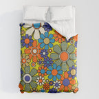 Groovy Retro Garden Gingham Flowers 60s 70s Maximalist Floral Pattern Blue Orange Yellow Duvet Cover Gallery Image 6