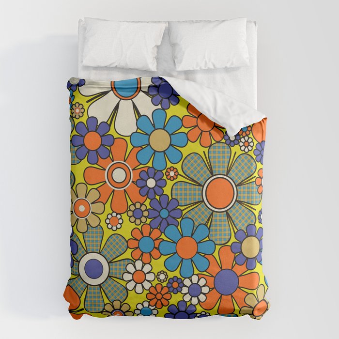 Groovy Retro Garden Gingham Flowers 60s 70s Maximalist Floral Pattern Blue Orange Yellow Duvet Cover Gallery Image 6