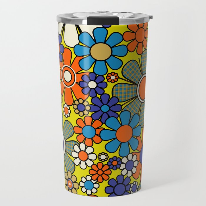 Groovy Retro Garden Gingham Flowers 60s 70s Maximalist Floral Pattern Blue Orange Yellow Travel Mug Gallery Image 1