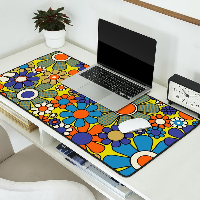 Groovy Retro Garden Gingham Flowers 60s 70s Maximalist Floral Pattern Blue Orange Yellow Desk Mat Gallery Image 2
