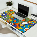 Groovy Retro Garden Gingham Flowers 60s 70s Maximalist Floral Pattern Blue Orange Yellow Desk Mat Gallery Image 2
