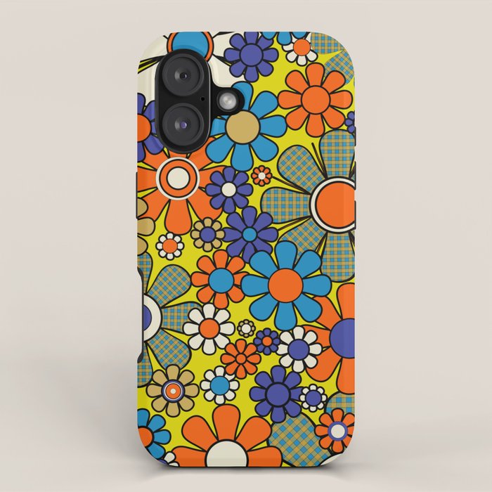 Groovy Retro Garden Gingham Flowers 60s 70s Maximalist Floral Pattern Blue Orange Yellow iPhone Case Gallery Image 1
