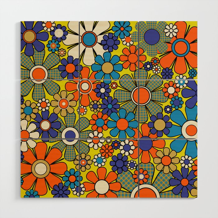 Groovy Retro Garden Gingham Flowers 60s 70s Maximalist Floral Pattern Blue Orange Yellow Wood Wall Art Gallery Image 1