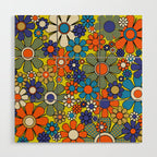 Groovy Retro Garden Gingham Flowers 60s 70s Maximalist Floral Pattern Blue Orange Yellow Wood Wall Art Gallery Image 1