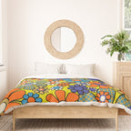 Groovy Retro Garden Gingham Flowers 60s 70s Maximalist Floral Pattern Blue Orange Yellow Duvet Cover Gallery Image 3