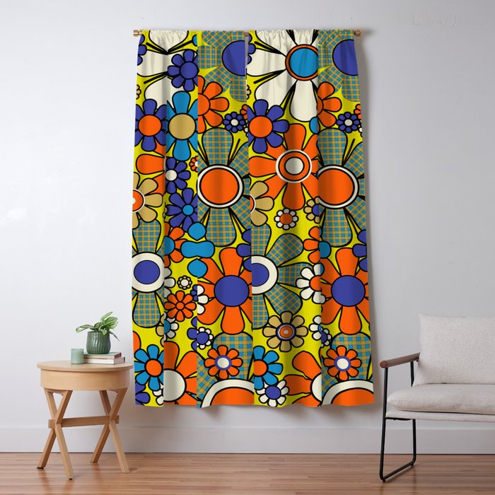 Groovy Retro Garden Gingham Flowers 60s 70s Maximalist Floral Pattern Blue Orange Yellow Window Curtain Gallery Image 1