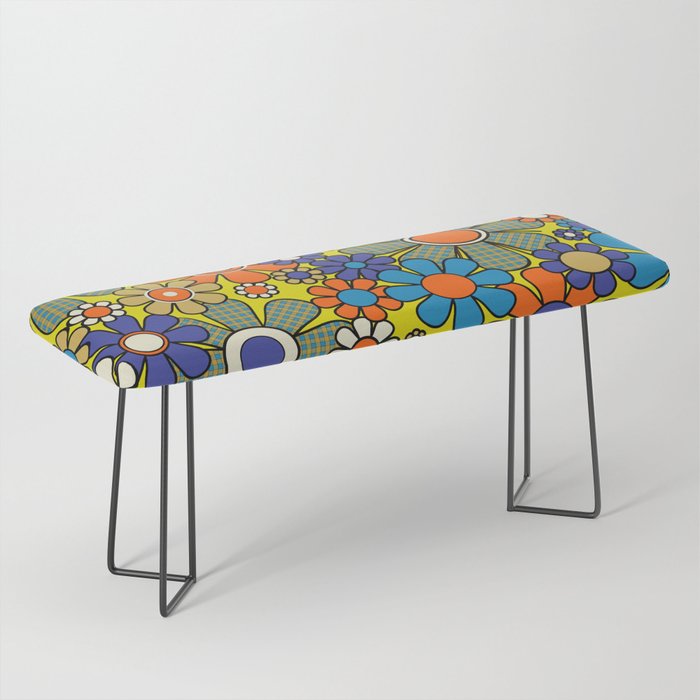 Groovy Retro Garden Gingham Flowers 60s 70s Maximalist Floral Pattern Blue Orange Yellow Bench Gallery Image 1