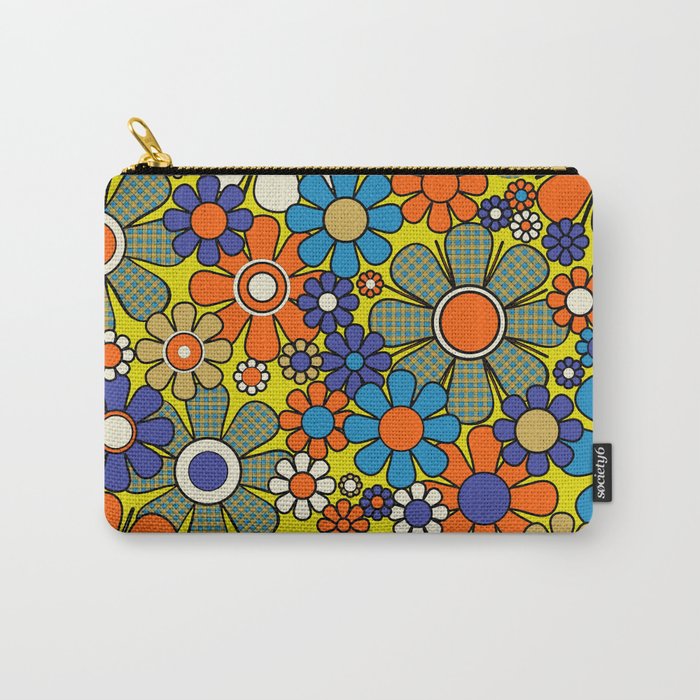 Groovy Retro Garden Gingham Flowers 60s 70s Maximalist Floral Pattern Blue Orange Yellow Carry All Pouch Gallery Image 1