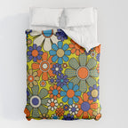 Groovy Retro Garden Gingham Flowers 60s 70s Maximalist Floral Pattern Blue Orange Yellow Comforter Gallery Image 6