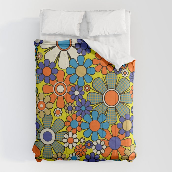 Groovy Retro Garden Gingham Flowers 60s 70s Maximalist Floral Pattern Blue Orange Yellow Comforter Gallery Image 6