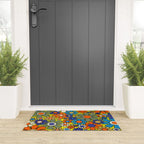 Groovy Retro Garden Gingham Flowers 60s 70s Maximalist Floral Pattern Blue Orange Yellow Welcome Mat Gallery Image 3