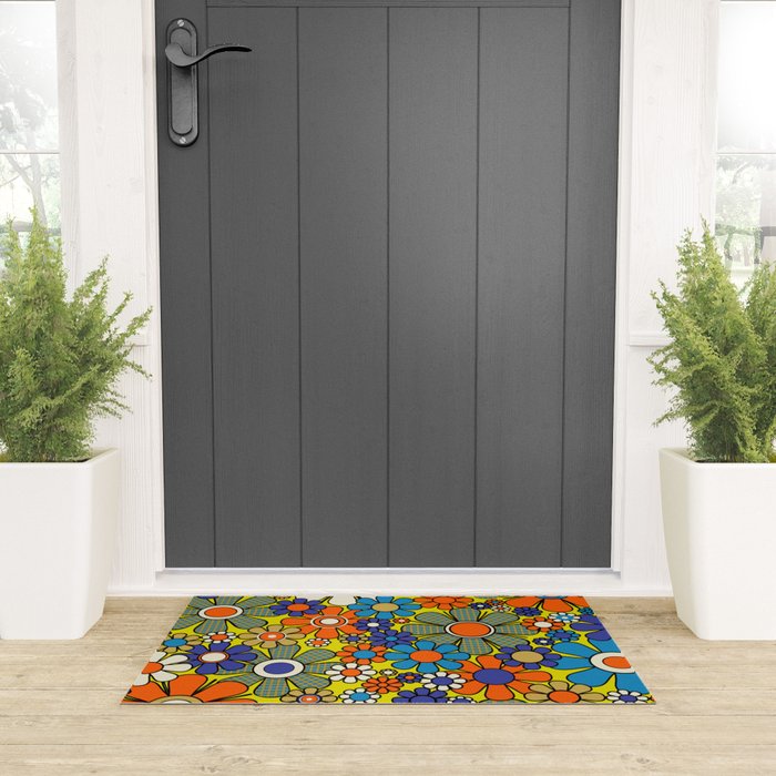 Groovy Retro Garden Gingham Flowers 60s 70s Maximalist Floral Pattern Blue Orange Yellow Welcome Mat Gallery Image 3