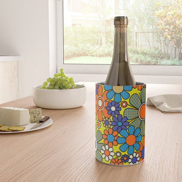 Groovy Retro Garden Gingham Flowers 60s 70s Maximalist Floral Pattern Blue Orange Yellow Wine Chiller Gallery Image 4