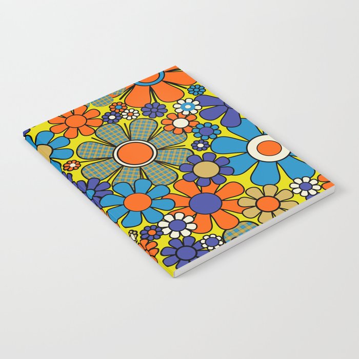 Groovy Retro Garden Gingham Flowers 60s 70s Maximalist Floral Pattern Blue Orange Yellow Notebook Gallery Image 1