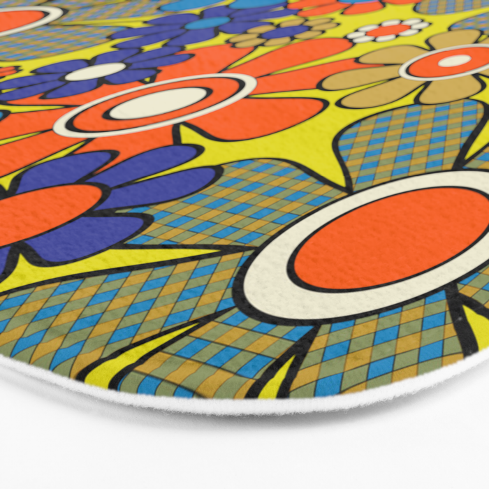 Groovy Retro Garden Gingham Flowers 60s 70s Maximalist Floral Pattern Blue Orange Yellow Bath Mat Gallery Image 3