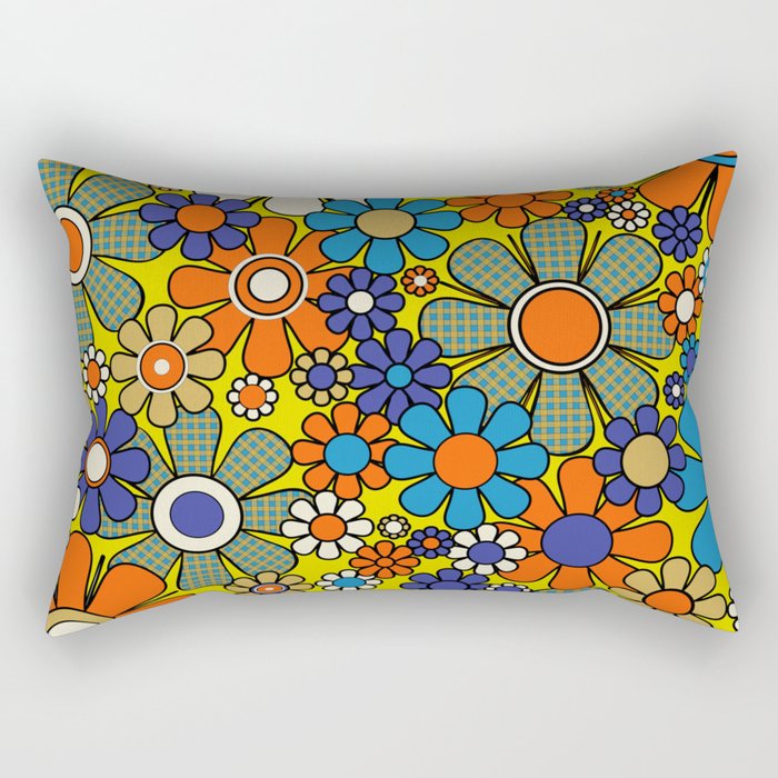 Groovy Retro Garden Gingham Flowers 60s 70s Maximalist Floral Pattern Blue Orange Yellow Rectangular Pillow Gallery Image 2