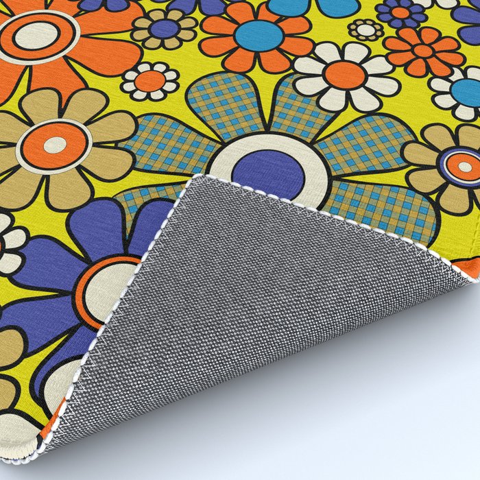 Groovy Retro Garden Gingham Flowers 60s 70s Maximalist Floral Pattern Blue Orange Yellow Rug Gallery Image 4
