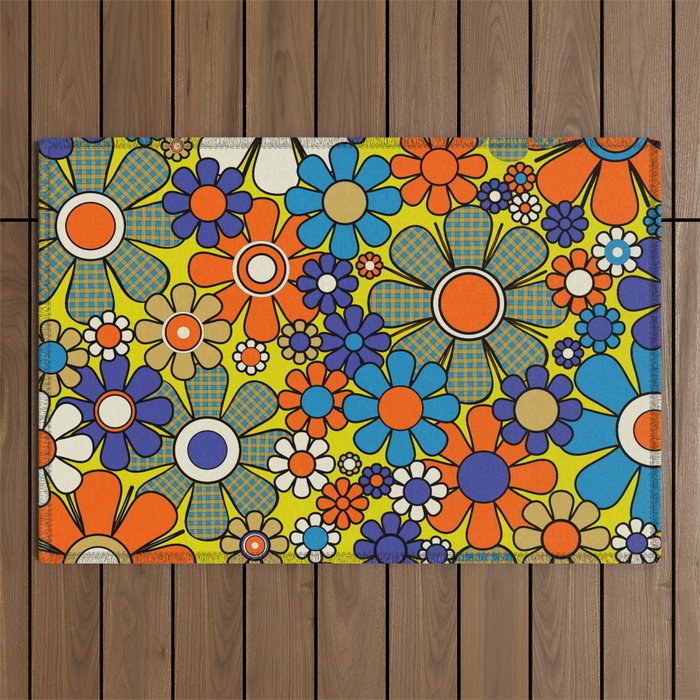 Groovy Retro Garden Gingham Flowers 60s 70s Maximalist Floral Pattern Blue Orange Yellow Outdoor Rug Gallery Image 1