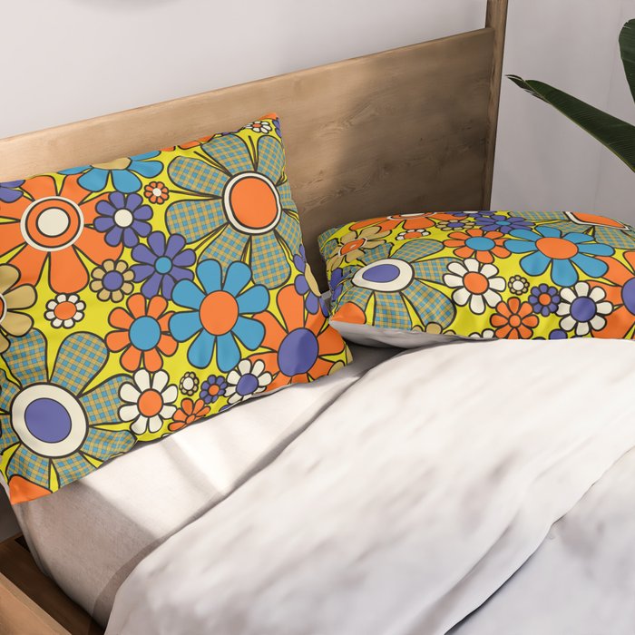 Groovy Retro Garden Gingham Flowers 60s 70s Maximalist Floral Pattern Blue Orange Yellow Pillow Sham Gallery Image 2