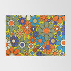 Groovy Retro Garden Gingham Flowers 60s 70s Maximalist Floral Pattern Blue Orange Yellow Rug Gallery Image 2