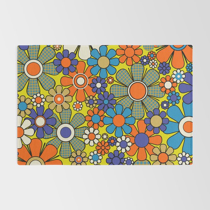 Groovy Retro Garden Gingham Flowers 60s 70s Maximalist Floral Pattern Blue Orange Yellow Rug Gallery Image 2