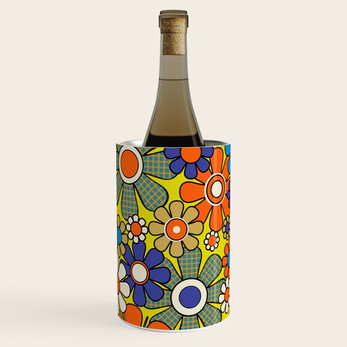 Groovy Retro Garden Gingham Flowers 60s 70s Maximalist Floral Pattern Blue Orange Yellow Wine Chiller Gallery Image 2