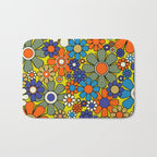 Groovy Retro Garden Gingham Flowers 60s 70s Maximalist Floral Pattern Blue Orange Yellow Bath Mat Gallery Image 1