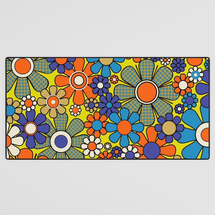 Groovy Retro Garden Gingham Flowers 60s 70s Maximalist Floral Pattern Blue Orange Yellow Desk Mat Gallery Image 3