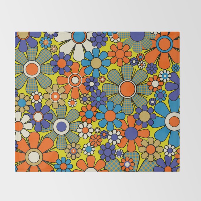 Groovy Retro Garden Gingham Flowers 60s 70s Maximalist Floral Pattern Blue Orange Yellow Throw Blanket Gallery Image 2