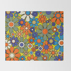 Groovy Retro Garden Gingham Flowers 60s 70s Maximalist Floral Pattern Blue Orange Yellow Throw Blanket Gallery Image 2