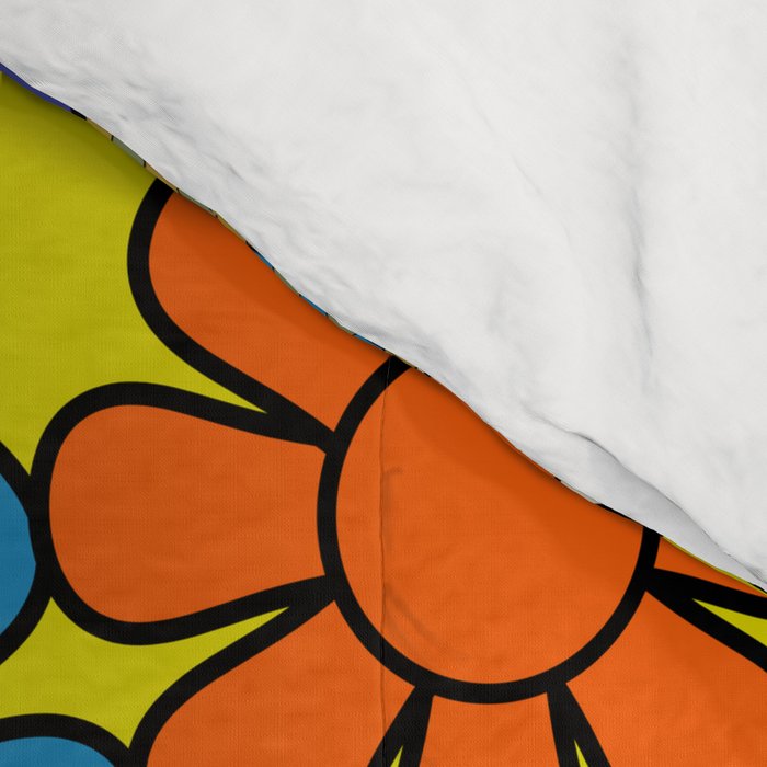 Groovy Retro Garden Gingham Flowers 60s 70s Maximalist Floral Pattern Blue Orange Yellow Comforter Gallery Image 4