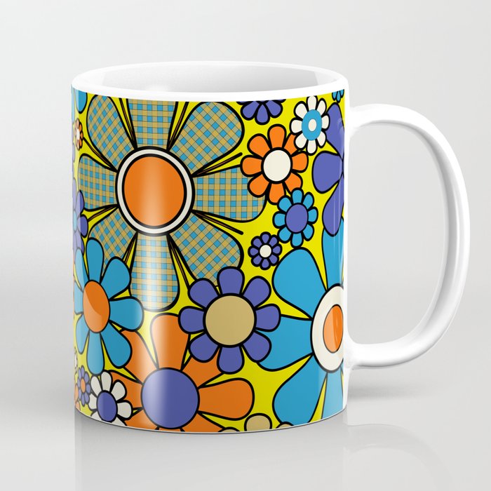 Groovy Retro Garden Gingham Flowers 60s 70s Maximalist Floral Pattern Blue Orange Yellow Coffee Mug Gallery Image 1