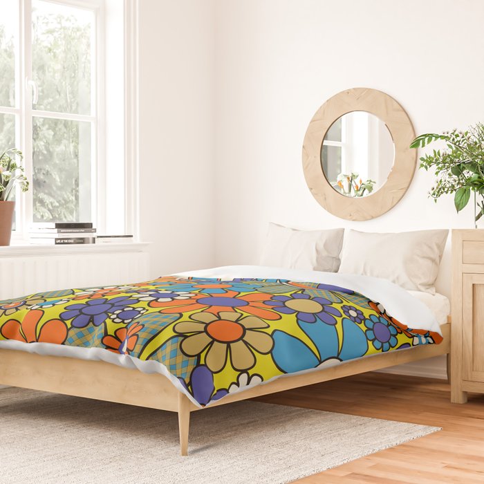 Groovy Retro Garden Gingham Flowers 60s 70s Maximalist Floral Pattern Blue Orange Yellow Duvet Cover Gallery Image 2