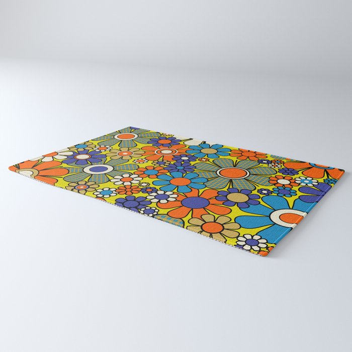 Groovy Retro Garden Gingham Flowers 60s 70s Maximalist Floral Pattern Blue Orange Yellow Rug Gallery Image 3
