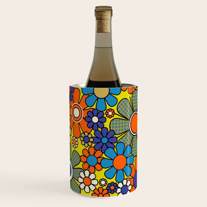 Groovy Retro Garden Gingham Flowers 60s 70s Maximalist Floral Pattern Blue Orange Yellow Wine Chiller Gallery Image 1